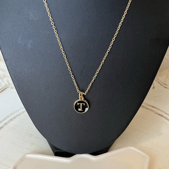 Fashion gold tone monogram double sided black enamel initial pendant necklace - Picture 1 of 4